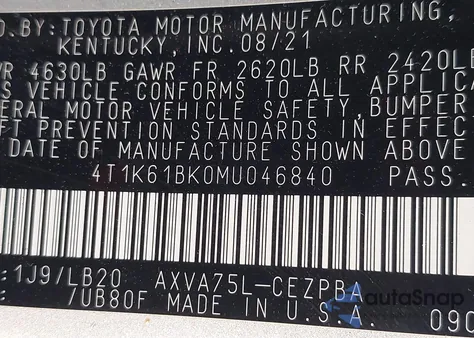 2021 Toyota Camry Xse Awd z USA, uszkodzony, nr VIN 4T1K61BK0MU046840